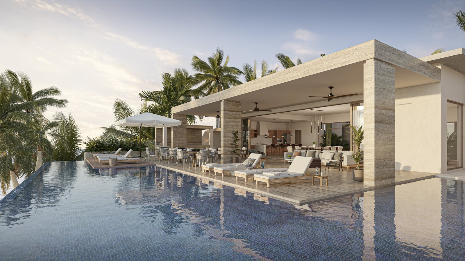 Render: alberca desbordante y terraza principal