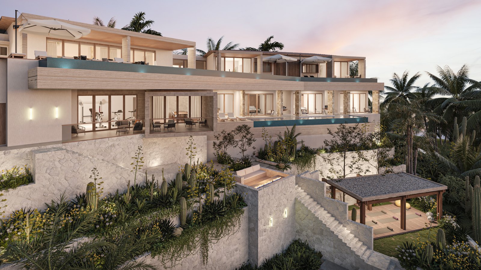 Render: la residencia al atardecer