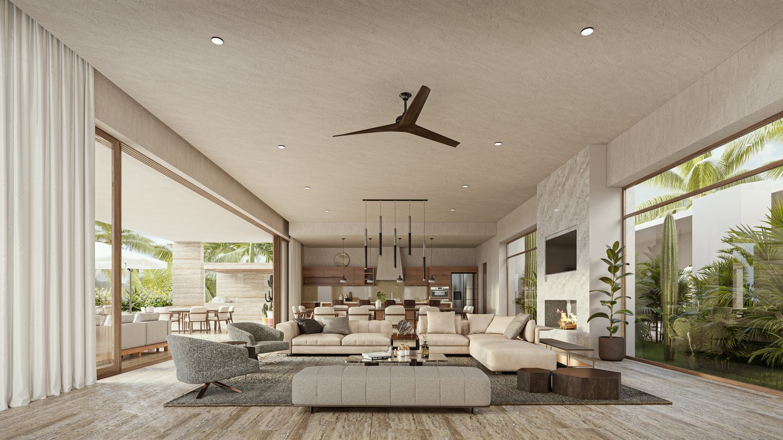 Render: sala y cocina en planta abierta