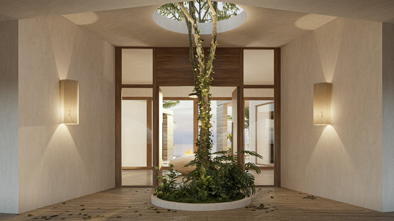 Render: vestíbulo de acceso con patio de árbol